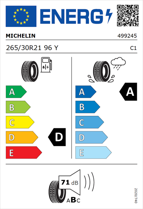 Tyre Label for Michelin Pilot Sport 4 S 265/30R21 96Y