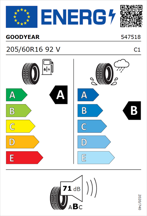 Tyre Label for Goodyear EfficientGrip Performance 205/60R16 92V