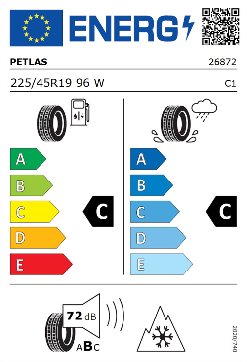 Tyre Label for Petlas Multi Action PT565 225/45R19 96W
