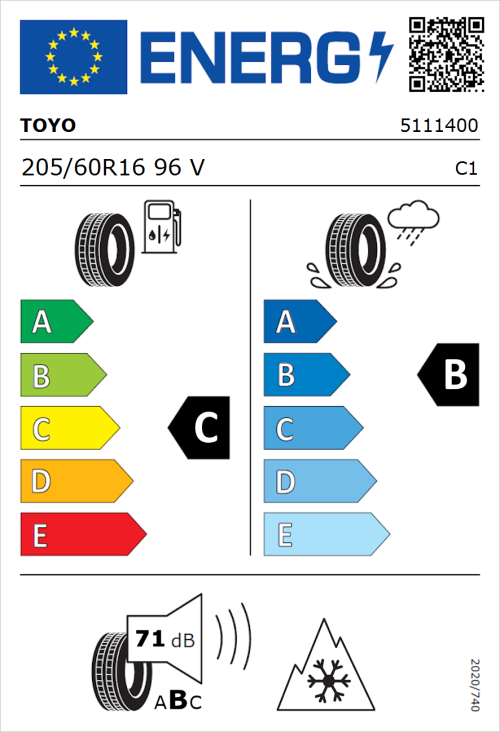 Tyre Label for Toyo Celcius AS2 205/60R16 96V
