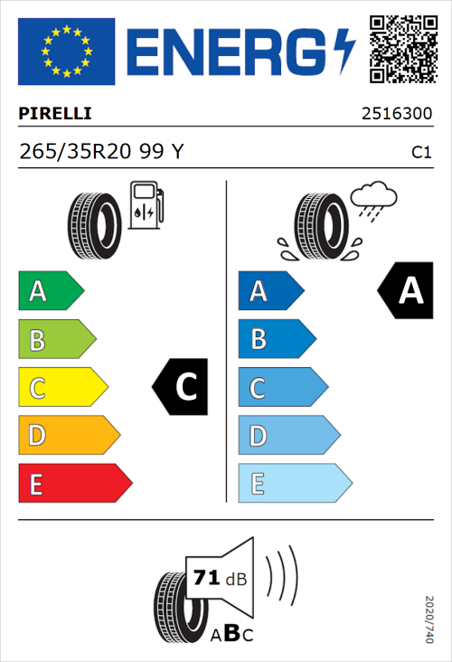 Tyre Label for Pirelli P Zero 265/35R20 99Y